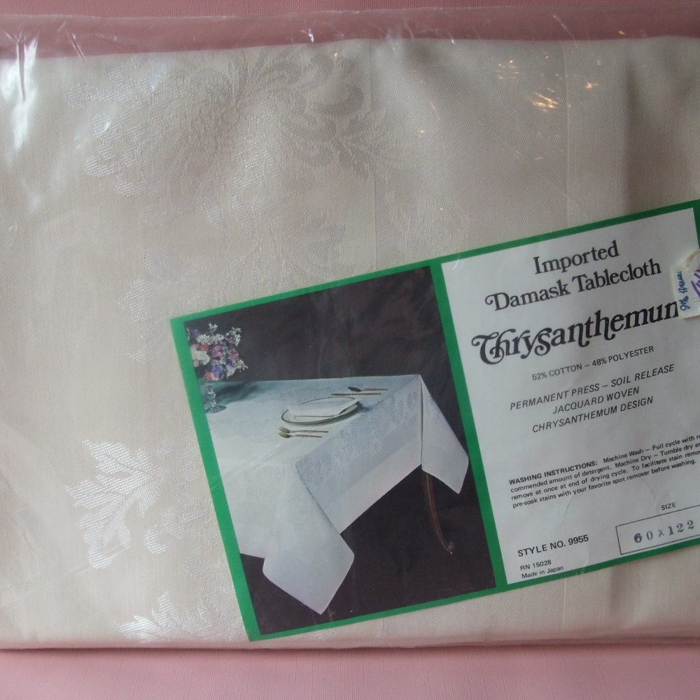 Imported Damask Tablecloth Chrysanthemum Pattern, 60" x 122",  Cream Color.